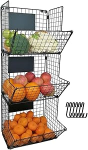 HLTOP Wall Mounted Collapsible Kitchen Storage Bins, 3 Tier Hanging Wire Fruit Basket with S-Hooks and Adjustable Chalkboards, Multipurpose Veggies Organizer Stand, Produce Rack(Black)