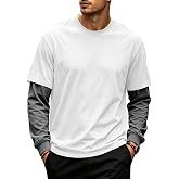 Long Sleeve Tshirts Shirts for Men Faux 2-Piece Pullover Tops | Oversized Lightweight Mens Crewneck Shirts 2026 Fall Casual Layered Solid Tshirts
