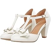 Elbslutt Women's Cute Retro Rockabilly Shoes T Strap Mary Janes Heels Chunky Cosplay Shoes Sweet Block Heeled Bow Pumps