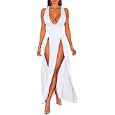 Sexyshine Women's Sexy Deep V Neck Double High Split Side Maxi Dress Sleeveless Long Bodycon Cocktail Evening Dress