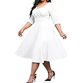 Womens Plus Size Dresses Faux Wrap Summer Dress 3/4 Sleeves V Neck 1950s Retro Vintage Wedding Party Midi Dress