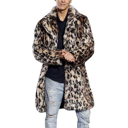 Hirolan Herren Pelzkragen-Mantel Leopard Kunstpelzmantel Dicke Jacke Kunstpelz Parka Outwear Strickjacke Pelzmantel Steppjack