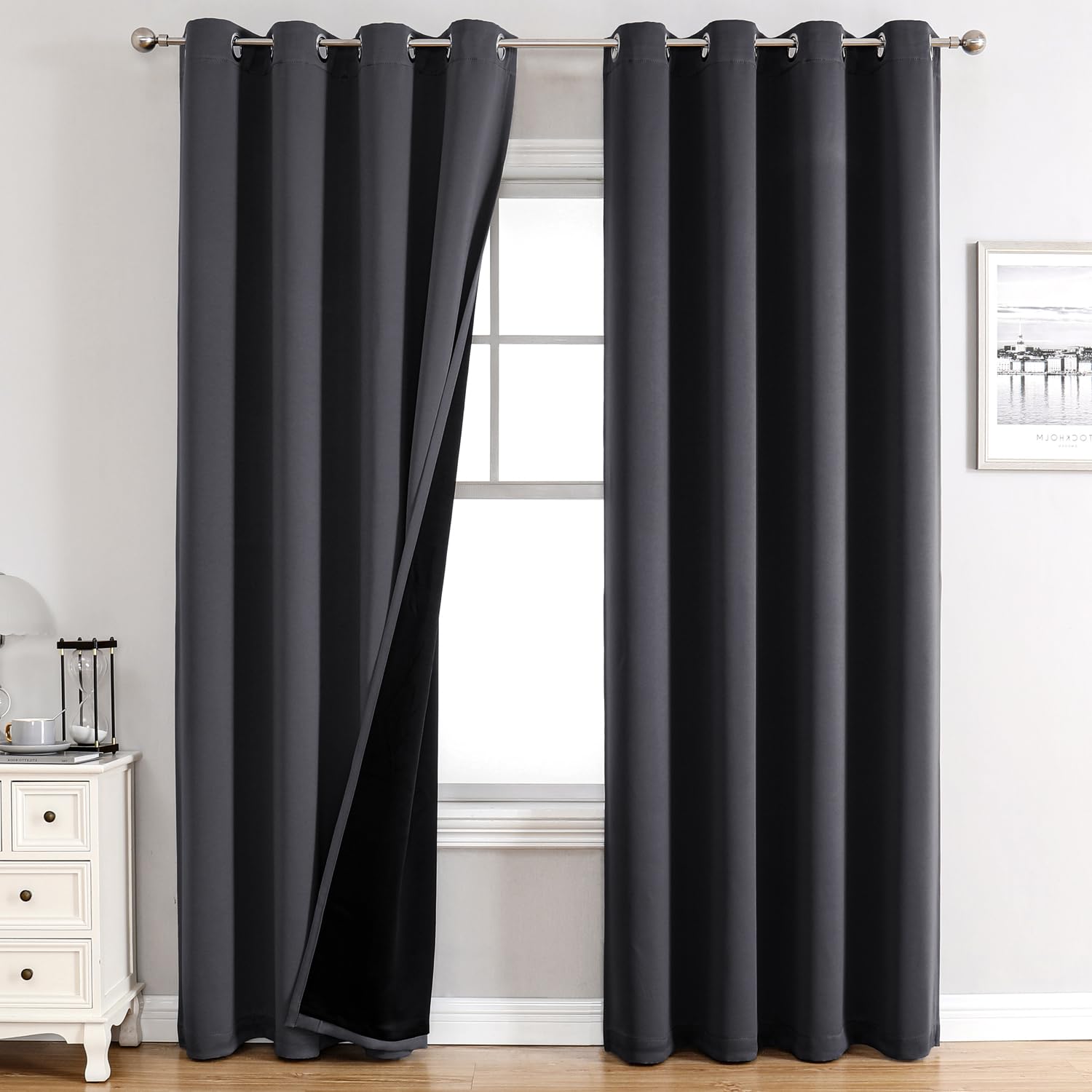 Photo 1 of ChrisDowa 100% Blackout Curtains 108 inch Long for Bedroom with Black Liner, 2 Thick Layers Total Blackout Thermal Insulated Grommet Window Curtains 2 Panels Set (Dark Grey, 52 x 108 Inch)