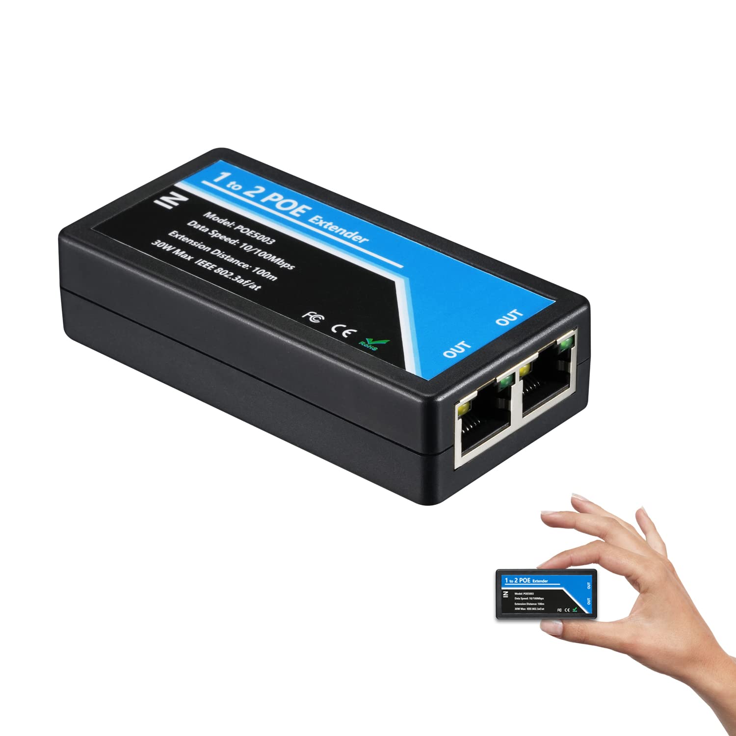 2 Port POE Extender Comply IEEE 802.3af/at Standard 10,100Mbps, POE Repeater 100 meters(328 ft) Extender 1 in 2 Out for POE IP Camera over Cat5/Cat6 or Better UTP Cables (POE5003)