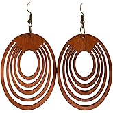 Boho Wood Earrings Handmade Round Dangle Drop Earrings for Women Vintage Lightweight Ethnic Hook Statement Jewelry