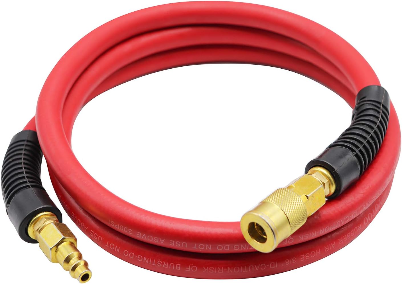 YOTOO Rubber Lead-in Air Hose 3/8-Inch by 6-Feet 300 PSI Heavy Duty, Kink Resistant, All-Weather Flexibility with 1/4-Inch Brass Male Fittings, Bend Restrictors, Red - - 