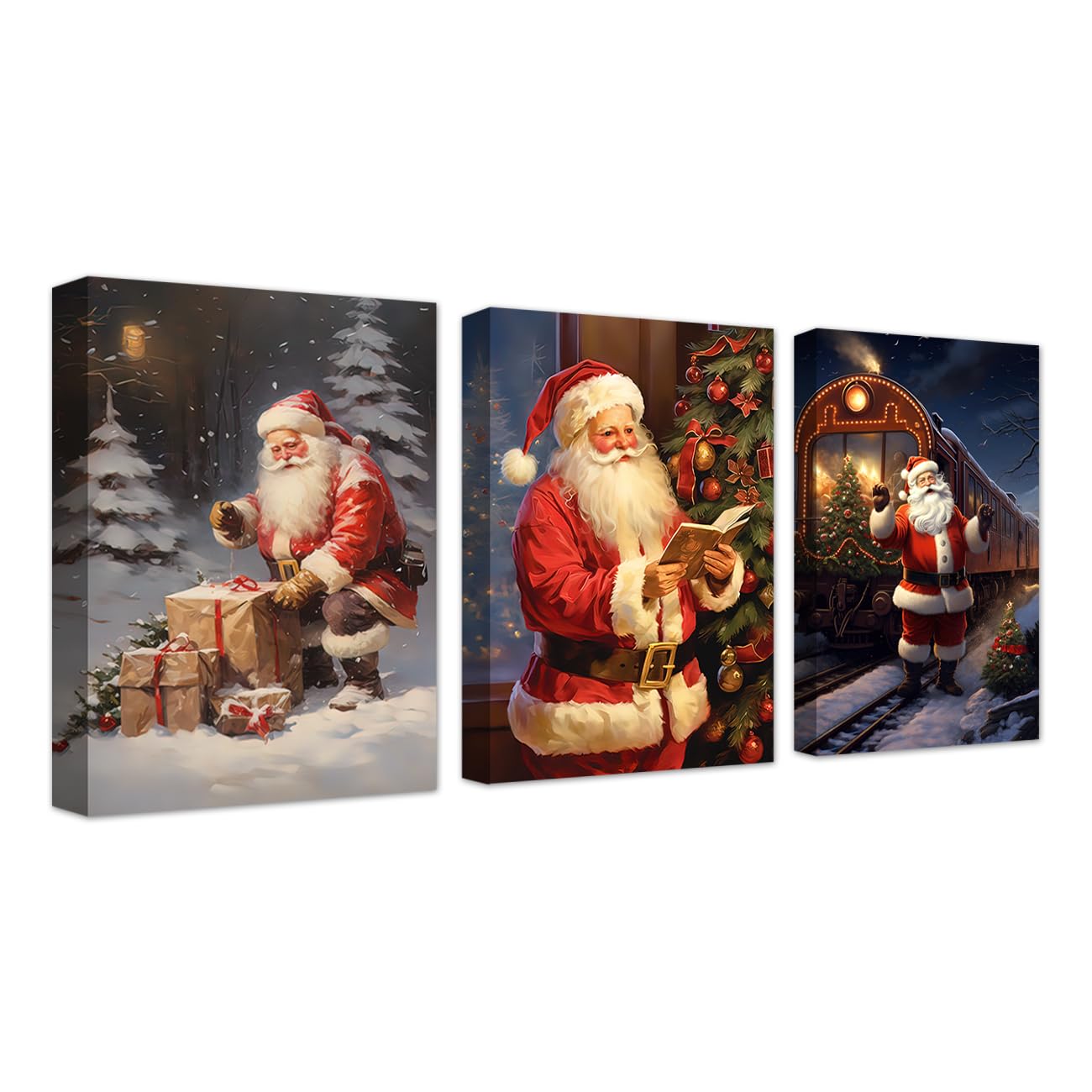 CXHOSTENT Santa Claus Canvas Wall Art Christmas Decor 3 Piece Santa Portrait Paintings Prints New Year Decor Gifts Framed (Santa Claus-2, 28.00 x 35.00 cms x 3PCS)