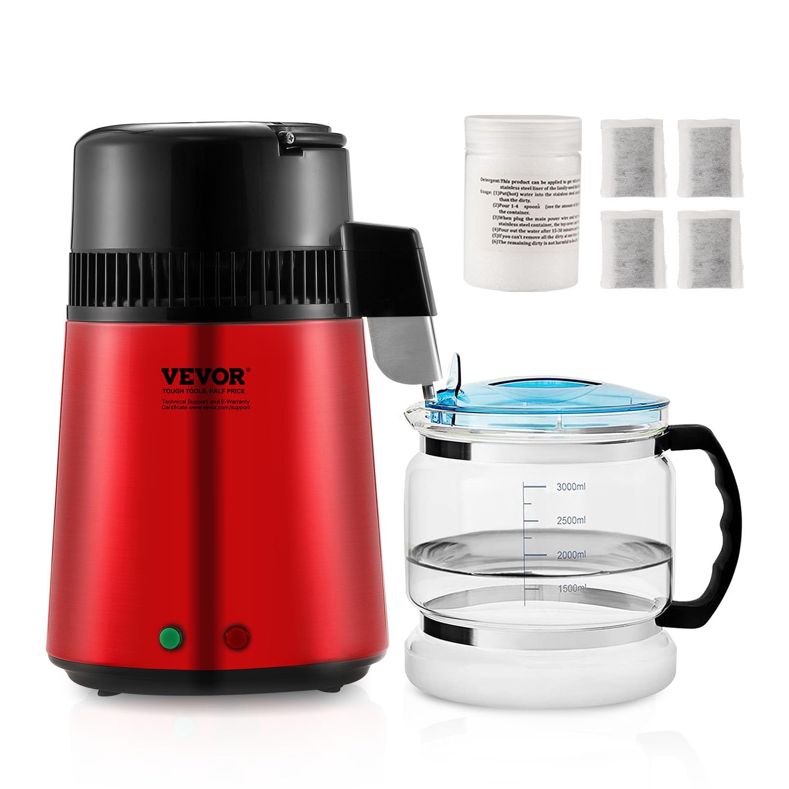 Photo 1 of VEVOR Water Distiller, 4L 1.05 Gallon Pure Purifier Filter for Home Countertop, 750W Distilled Maker, Stainless Steel Interior Machine to Make Clean Water, Red