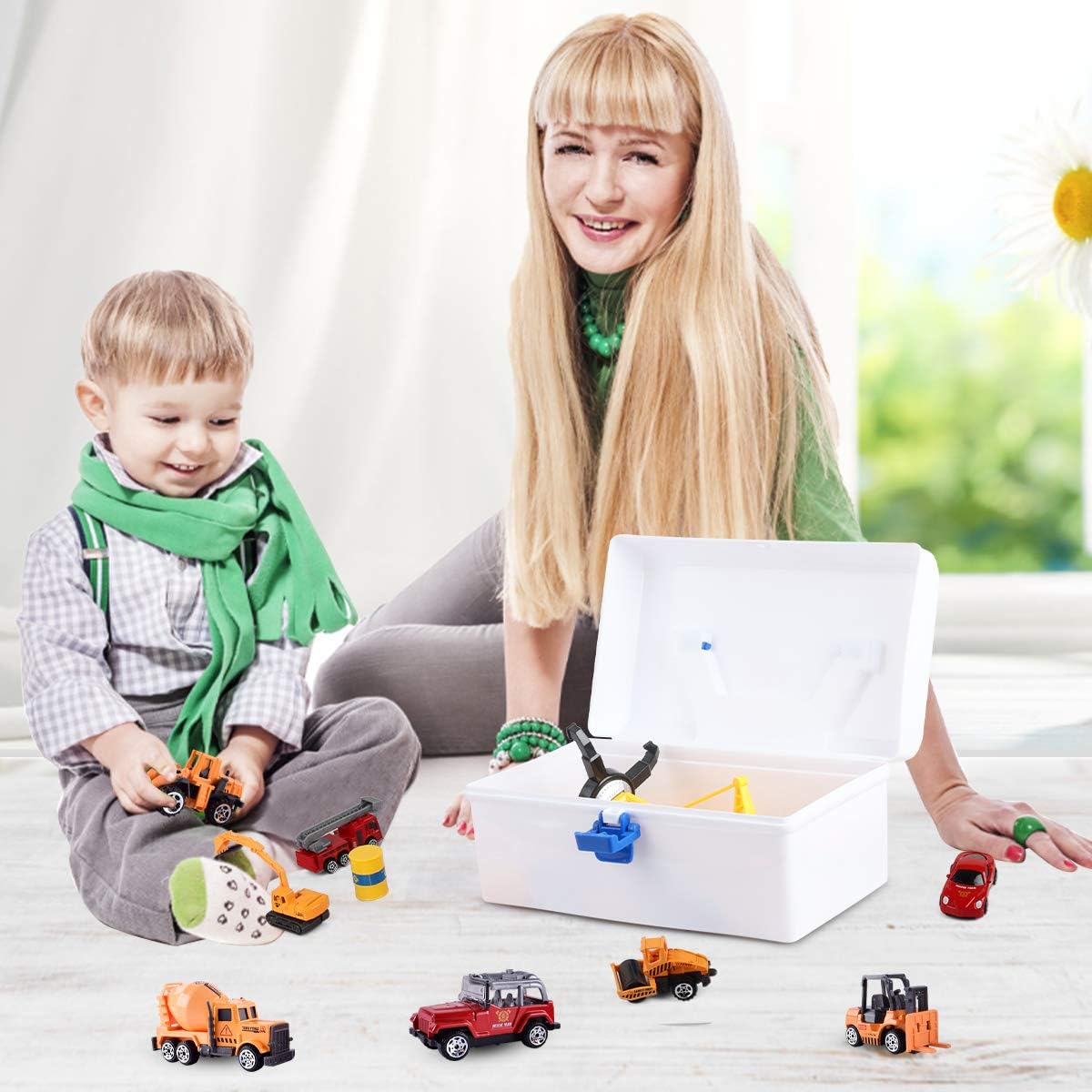 HONYAT Engineering Construction Vehicles Toys Set with Play Mat and Car Storage Box ,10 Alloy Cars Include Fire Trucks -with Accessories and Tower Crane ,Gift for Boys and Girls Ages 3-12.: Toys & Games