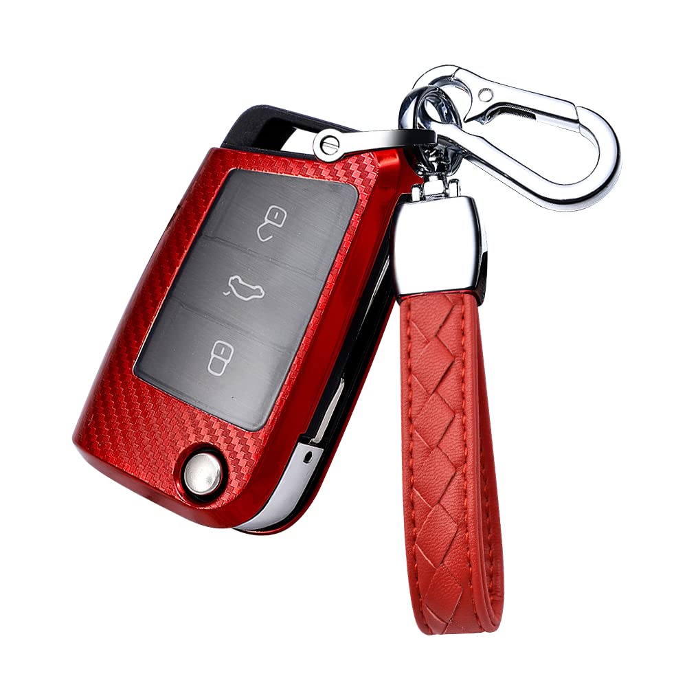 HIBEYO Car Key Case Flip Key Fits VW Key Box Soft TPU Protective Case Key Cover for Polo Golf 7 MK7 Skoda Superb Seat Leon Key Case Key Fob Carbon Fibre Red