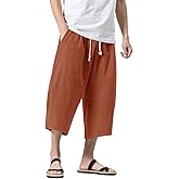 MAGNIVIT Men's Linen Cotton Capri Pants Loose Fit Elastic Waist Wide Leg Baggy Harem Pants