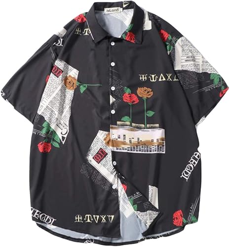 Amazon Shuming 半袖 シャツ メンズ ゆったり 韓国 プリント シャツ 五分袖 ファッション カジュアルシャツ 爽やか ビーチ おしゃれ 夏服 ストリート系 シャツ 通販