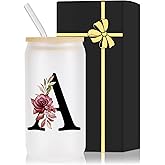Monogrammed Glass Drinking Cup With Bamboo Lid Straw Customized Iced Coffee Tumbler 16oz Clear Mason Jar Beer Water Smoothie Cocktail Accessories Cool Cute Mug Gift Vasos De Vidrio Con Tapa Popote,A