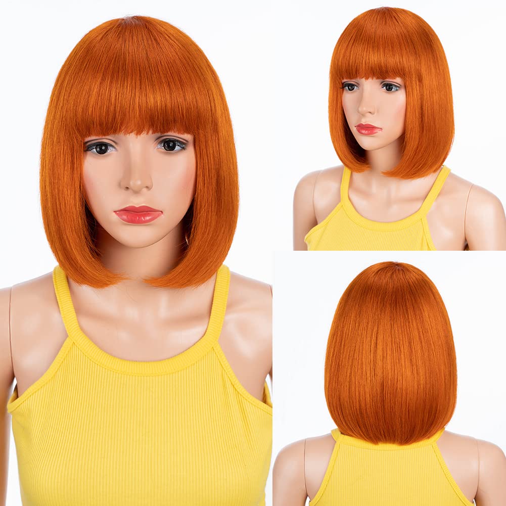DÉBUT human hair Bob Wig with Bangs Short Straight Wigs for Women Pixie Cut 150% Density Brazilian Virgin Remy Hair（10 inches,S ORANGE）