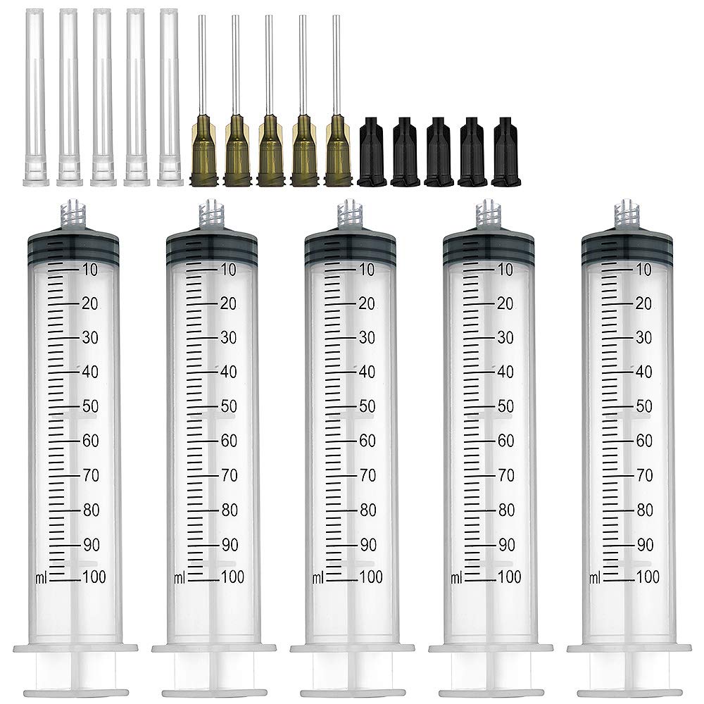 5 Pack 100ml Syringes with 14Gx1.0'' Blunt Tip Fill Needles and Storage Caps(Luer Lock)¡­