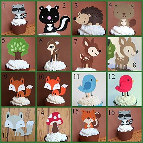 Woodland Creatures Party Cupcake Toppers Set of 12- YOU CHOOSE 12- Deer, Hedgehog, Bird ,Raccoon, Fox, Skunk, Mushroom, Squirrel