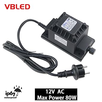 VBLED® 80W Netzteil / Trafo / Transformator 12V AC wassergeschützt IP67 für aussen / außen Input 230V Output 12V Anschluss IP