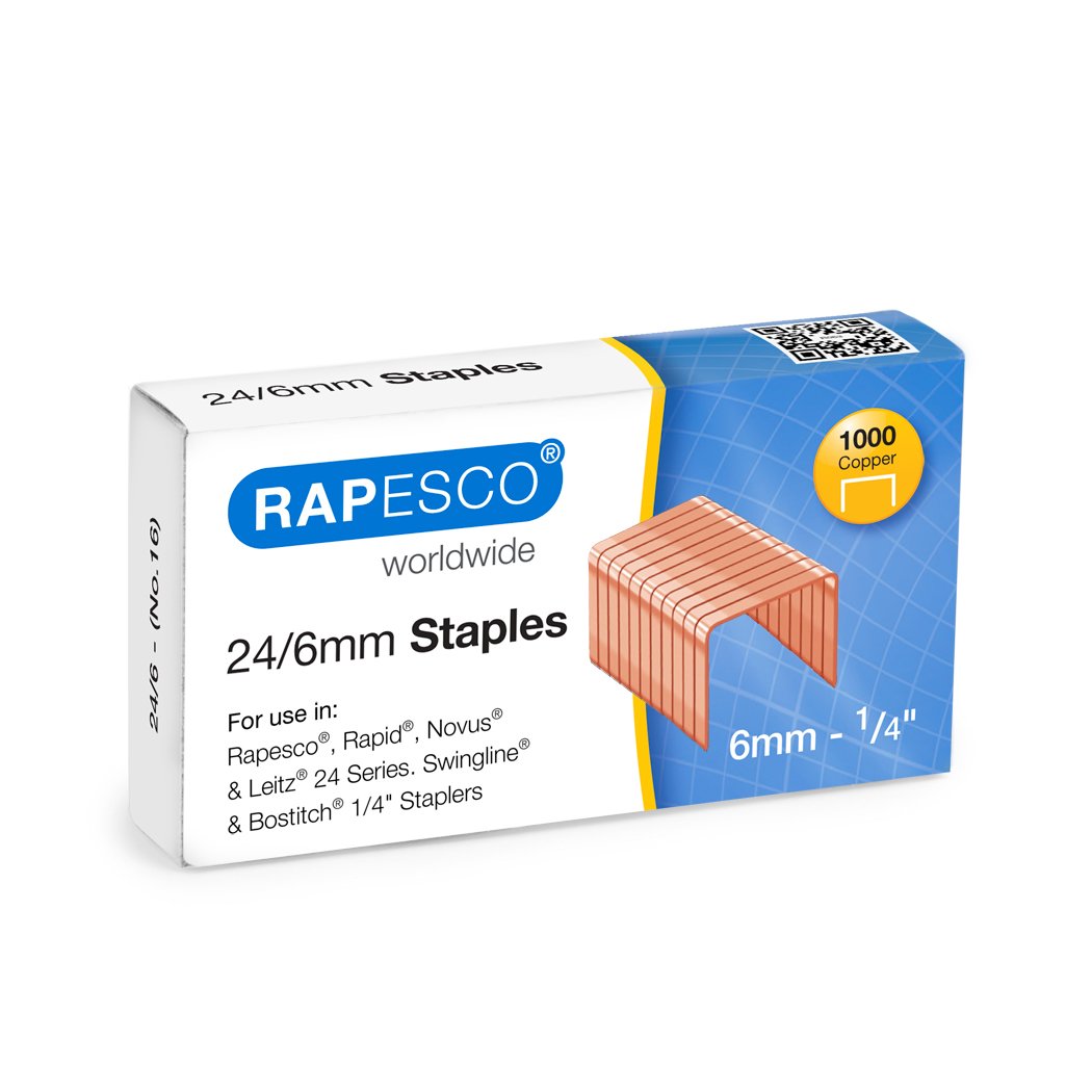 Rapesco S24600Z3 Type 24/6 mm (No.16) Copper Plated Galvanised Staples, Pack of 1000