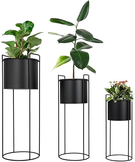 Weston Crafts Black Metal Planter with Stand, 3 pcs Mid Century Modern Plant Stand with Pots and Handles, Farmhouse Standing Planters Without Drainage Holes for Indoor Plants (Black, Set of 3)