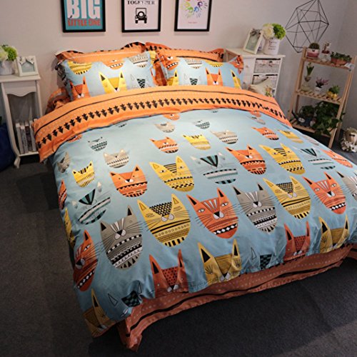 MAXYOYO Home Textiles Unique Cute Cool Cat Image Combination Duvet Cover Set,100% Cotton Orange Bedding Set Full Size (Blue)