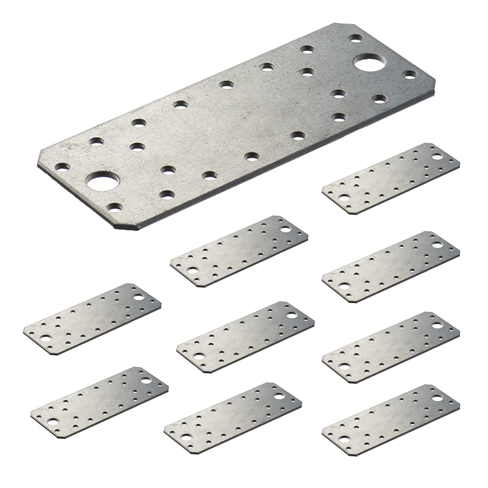 VHG Flat Connecting Joining Plates - Pack of 10 pcs (140 x 55 x 2) Heavy Duty Perforated Brackets, Galvanised Steel Sheet Braces, Metal Timber Fixing Repair Connector
