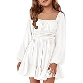 Batermoon Girls Long Sleeve Tie Back Dress Kids Fall Square Neck A-Line Mini Dresses 5-14 Years