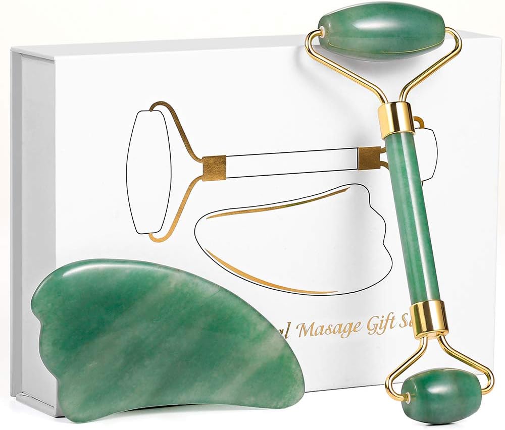 Vextronic Jade Face Roller and Gua Sha Set,100% Natural Tangling Jade Facial Roller Massage Tool for Skin Care Routine Flawless Contour Skin Tightening Remove Wrinkles and Puffiness