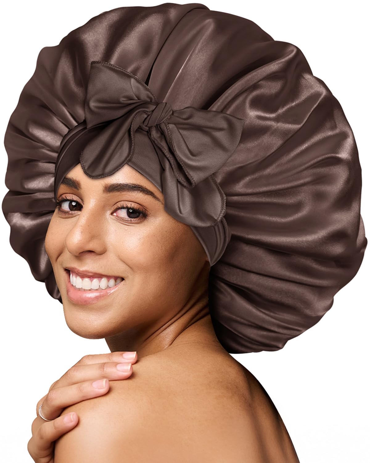 BONNET QUEEN Silk Bonnet for Sleeping for Curly Hair, Satin Bonnet Hair Wrap for Women & Men, Adjustable Silk Scarf Night Cap with Tie Band, Chocolate, Large — image 1
