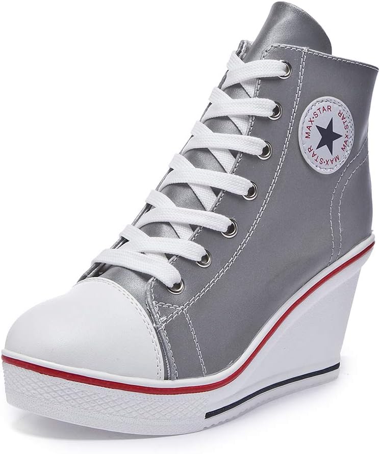 Nesyd Women's Sneaker High-Heeled Canvas Shoes High-Top Wedge Sneakers Platform Lace up Side Zipper Pump Fashion Sneakers