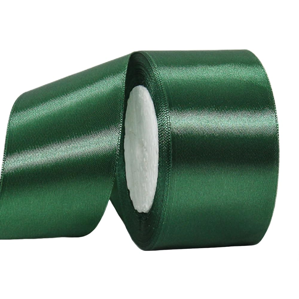 Wide Dark Green Satin Ribbon 50mm (1.9 Inch) for Gift Wrapping, Crafting, Christmas, Wedding Car, Hair Bows, Bouquets, Party, Cake Decoration - 22m Thick Silk