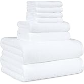 Amazon Basics 100% Cotton Soft Quick-Dry Bath Towel Set, 8-Piece, White, 10" x 7"