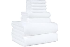 Amazon Basics 100% Cotton Soft Quick-Dry Bath Towel Set, 8-Piece, White, 10" x 7"