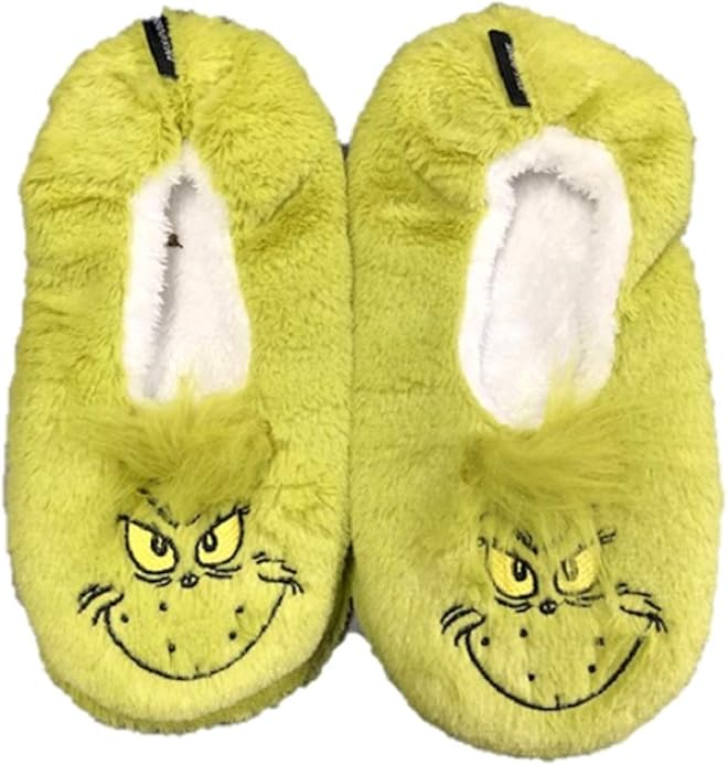 Womens Grinch Slippers Dr Suess Holiday Green Fuzzy Babba
