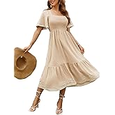 Glamaker Women's Short Sleeve Smocked Square Neck A Line Summer Flowy Maxi Long Dress
