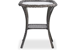 HUMMUH Patio Wicker Side Table Outdoor, Rattan End Table Glass Top Coffee Table with Storage Grey