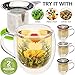 Teabloom Double-Wall Borosilicate Glass Mug with Stainless Steel Infuser and Lid – 15 OZ / 430 ML – 2 Gourmet Tea Flowers Included