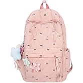 MININAI Women's Quilted Cute Aesthetic Backpack Bow Print Lightweight Puffer Laptop Book Bag for College Travel Daypack (Pink)