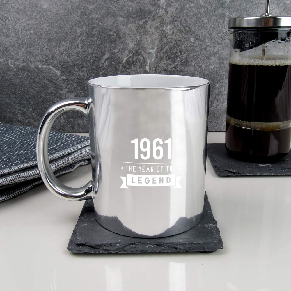 eBuyGB Sixtieth Gift for Dad Engraved Metallic Shiny Silver Coffee Mug-1961 Year of The Legend Design-60th Birthday, Men-350ml Tea Cup, Ceramic