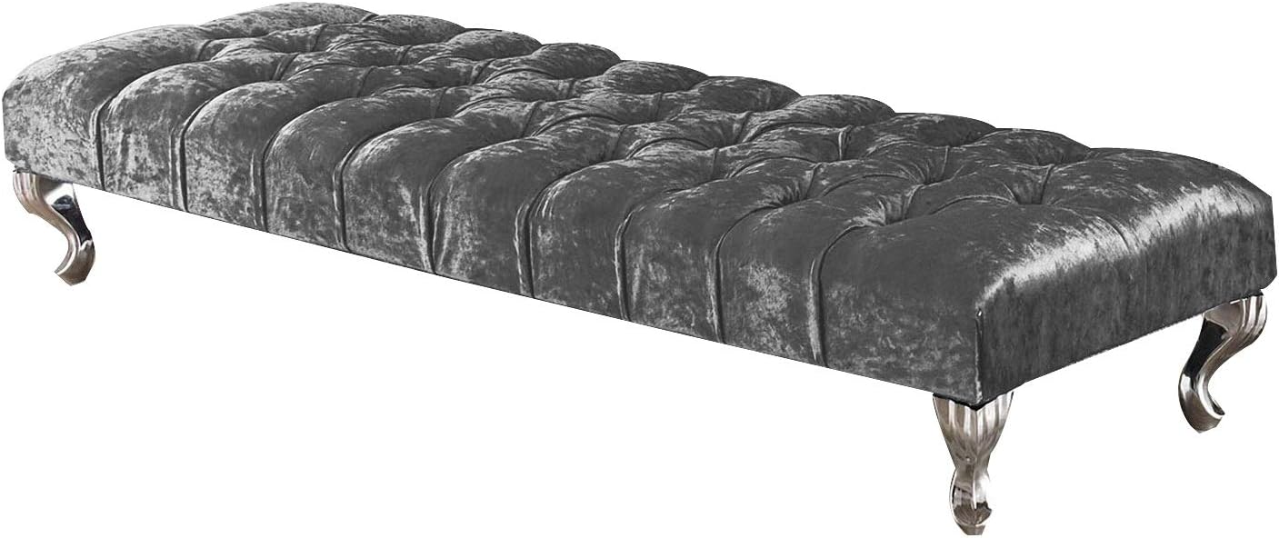 OWO Living Handmade Alexa Crushed Velvet Diamante Detailed Buttoned Crushed Velvet Footstool (Ice Silver, Diamante Detail)