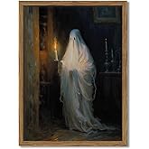 Framed Vintage Halloween Ghost Canvas Wall Art, Spooky Ghost Holding Candle Pictures Wall Decor, Moody Gothic Dark Academia Paintings Prints Horror Home Decor for Living Room Bedroom 12x16 inch