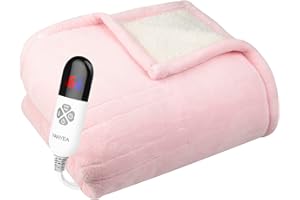 YANYEA Electric Heated Throw Blanket Sherpa 50"x60" Pink Machine Washable 6 Heat Settings 4 Hours Auto Off Overheat Protection for Home Office Use