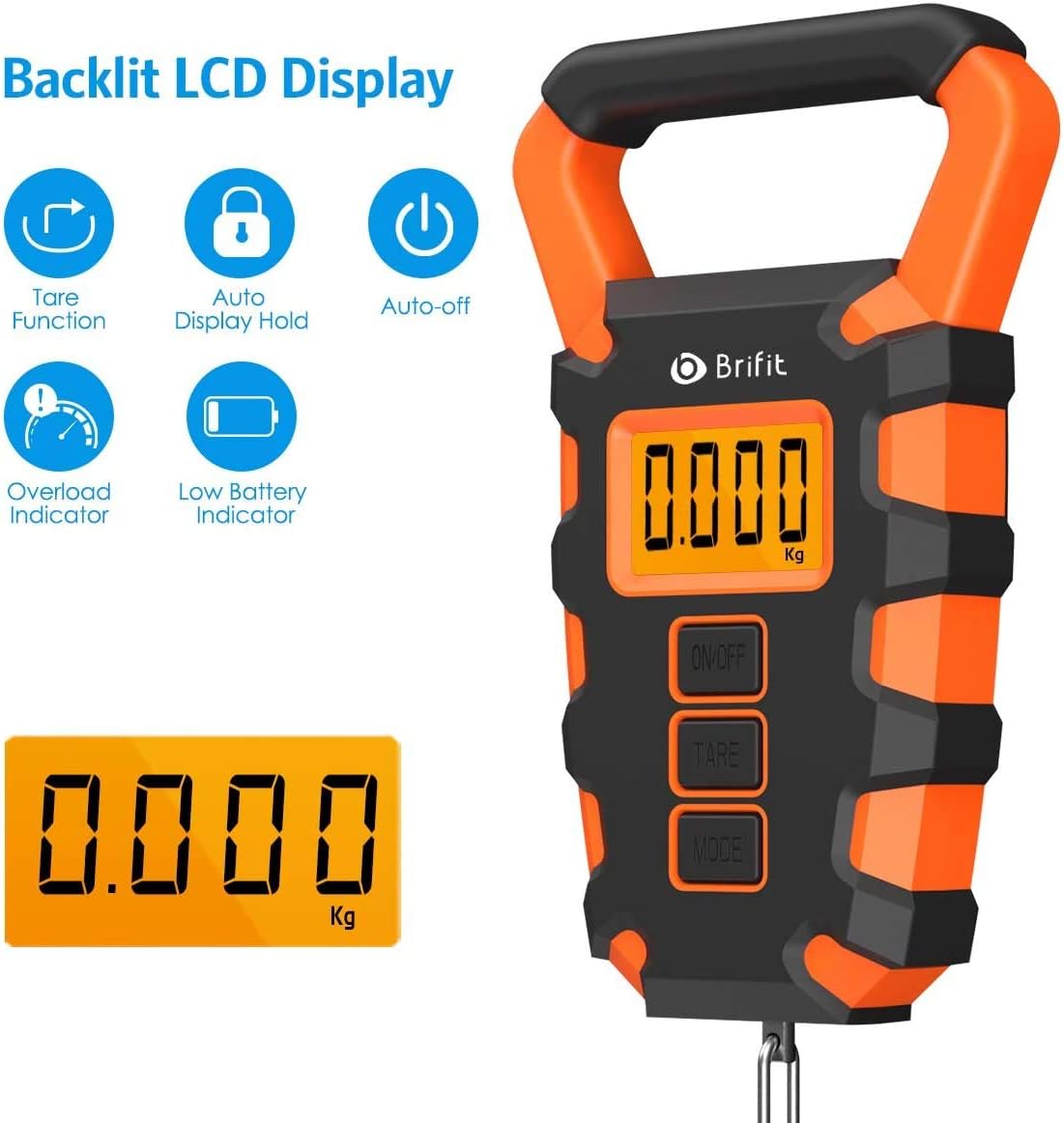 Brifit Digital Fishing Scale with Ruler, 15g/50kg Electronic Digital Luggage Scale, 110lb Max Fishing Postal Hanging Hook Scale with Measuring Tape, Backlit LCD Display (Batteries Included): Kitchen & Dining