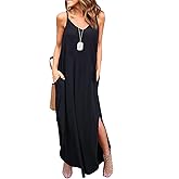 HUSKARY Women's Summer Casual Sleeveless V Neck Strappy Split Loose Dress Beach Cover Up Long Cami Maxi Dresses with Pocket