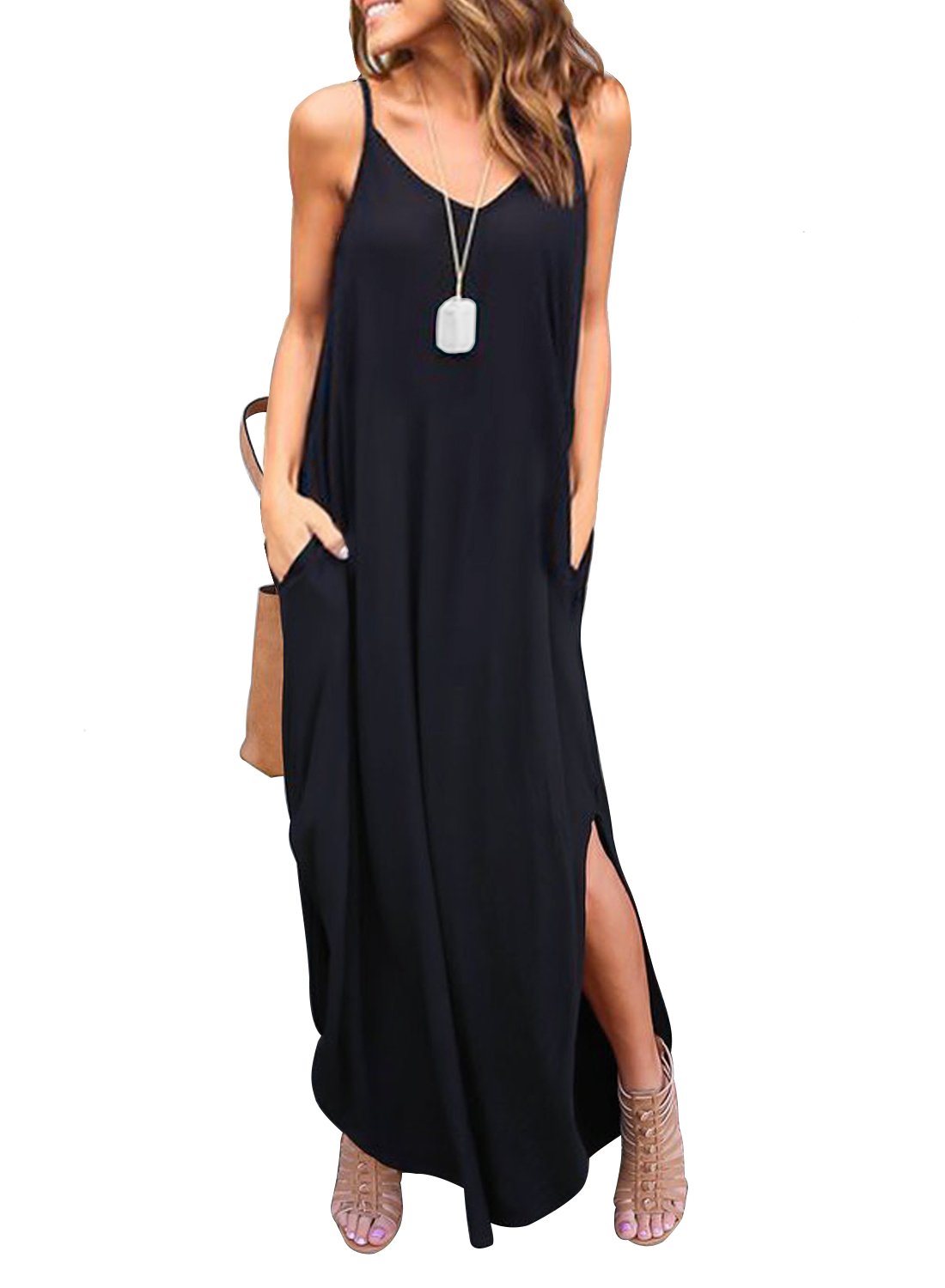 Photo 1 of 2xl HUSKARY Women's Summer Casual Sleeveless V Neck Strappy Split Loose Dress Beach Cover Up Long Cami Maxi Dresses with Pocket Black