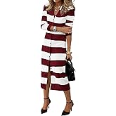 PRETTYGARDEN Women's Spring Sweater Dresses 2026 Long Sleeve V Neck Button Ribbed Knit Stripes Bodycon Midi Winter Dress