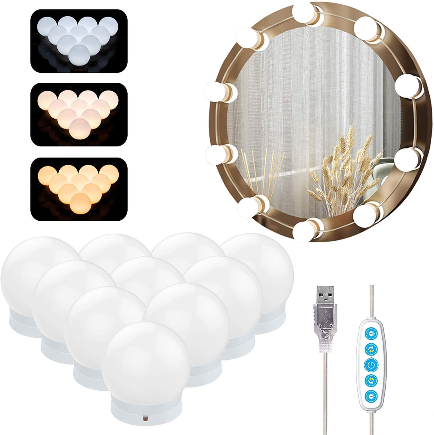 Azhien Mirror Lights with 10 Dimmable LED Bulbs,Hollywood Style Vanity Mirror Lights Kit with 5 Color Modes & 5 Brightness for Make-up and Dressing Mirror(USB Cable,No Mirror and No Adapter)
