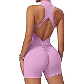 ECUPPER Women Backless Workout Jumpsuits One Piece Sleeveless Gym Rompers Zip Up Tummy Control Scrunch Shorts Yoga Bodysuit
