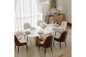 POVISON 71'' Modern Rectangular Dining Table for 6 – White Glossy Sintered Stone Top w/Bronze Carbon Steel Pedestal, Minimali