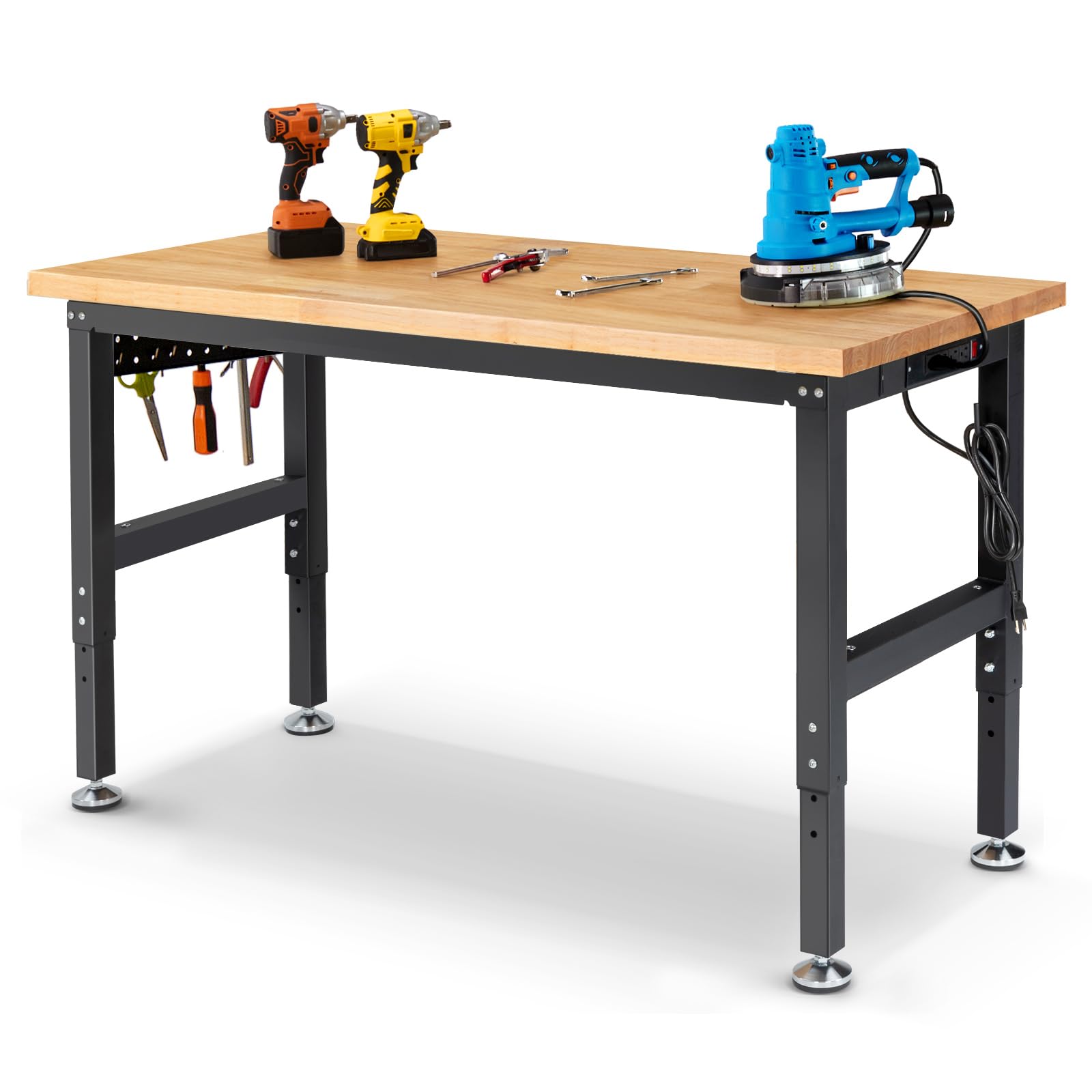 Photo 1 of **NO WOODEN TOP ONLY THE BASE*****ENJOYWOOD 60 Inch Workbench for Garage Adjustable Height Work Bench with Pegboard Power Outlets Rubber Wood Tabletop Work Table for Cutting Wood Woodworking Shop Home Office Electronic