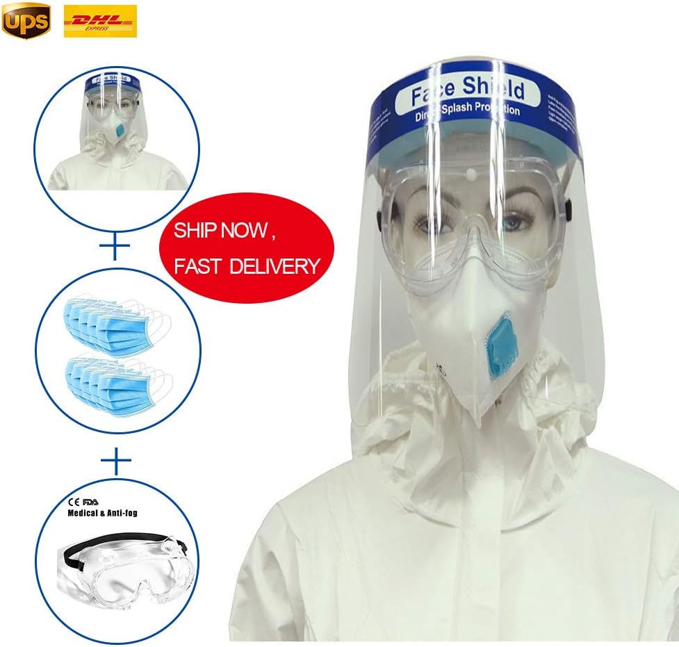 3 In 1 50PC Disposable Masks + 4PC Face Cover Visor+1PC Eye Protection Anti Fog Goggles